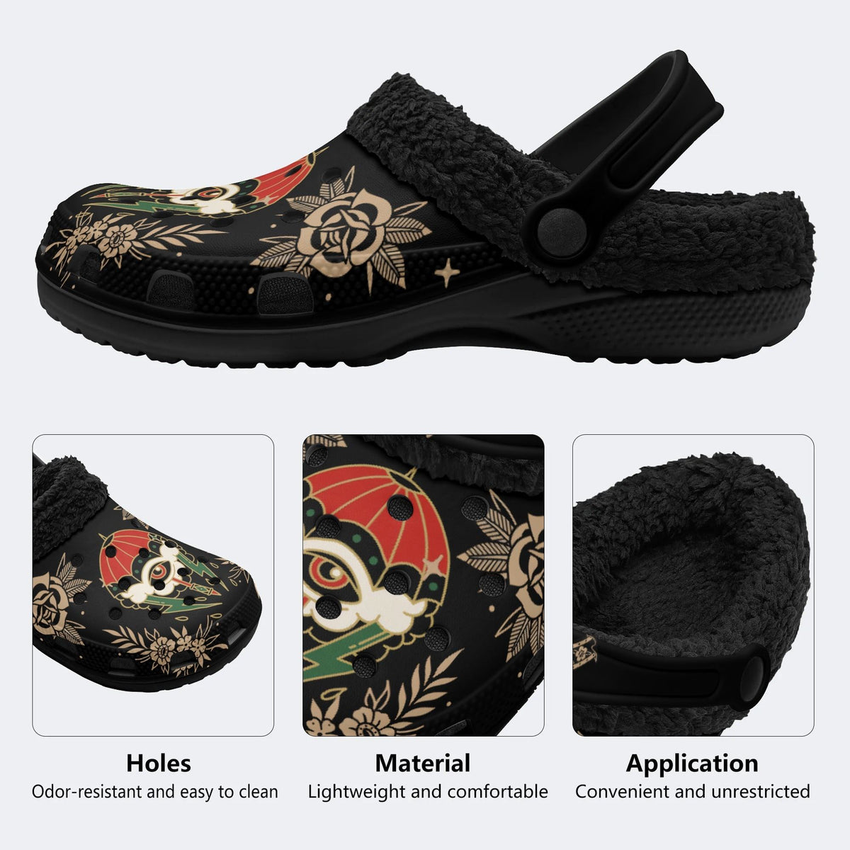 Lightning Umbrella Eyes Print - Fur Lined Slippers/Sandals