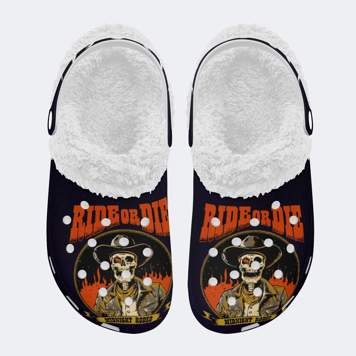 Grim Cowboy Skull Print - Fur Lined Slippers/Sandals