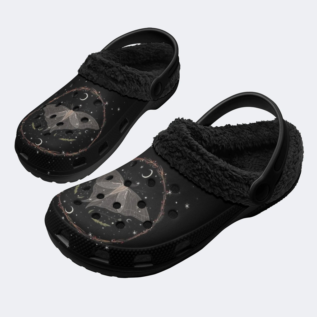 Gothic Death Moth Crescent Moon Star Wreath - Fur Lined Slippers/Sandals