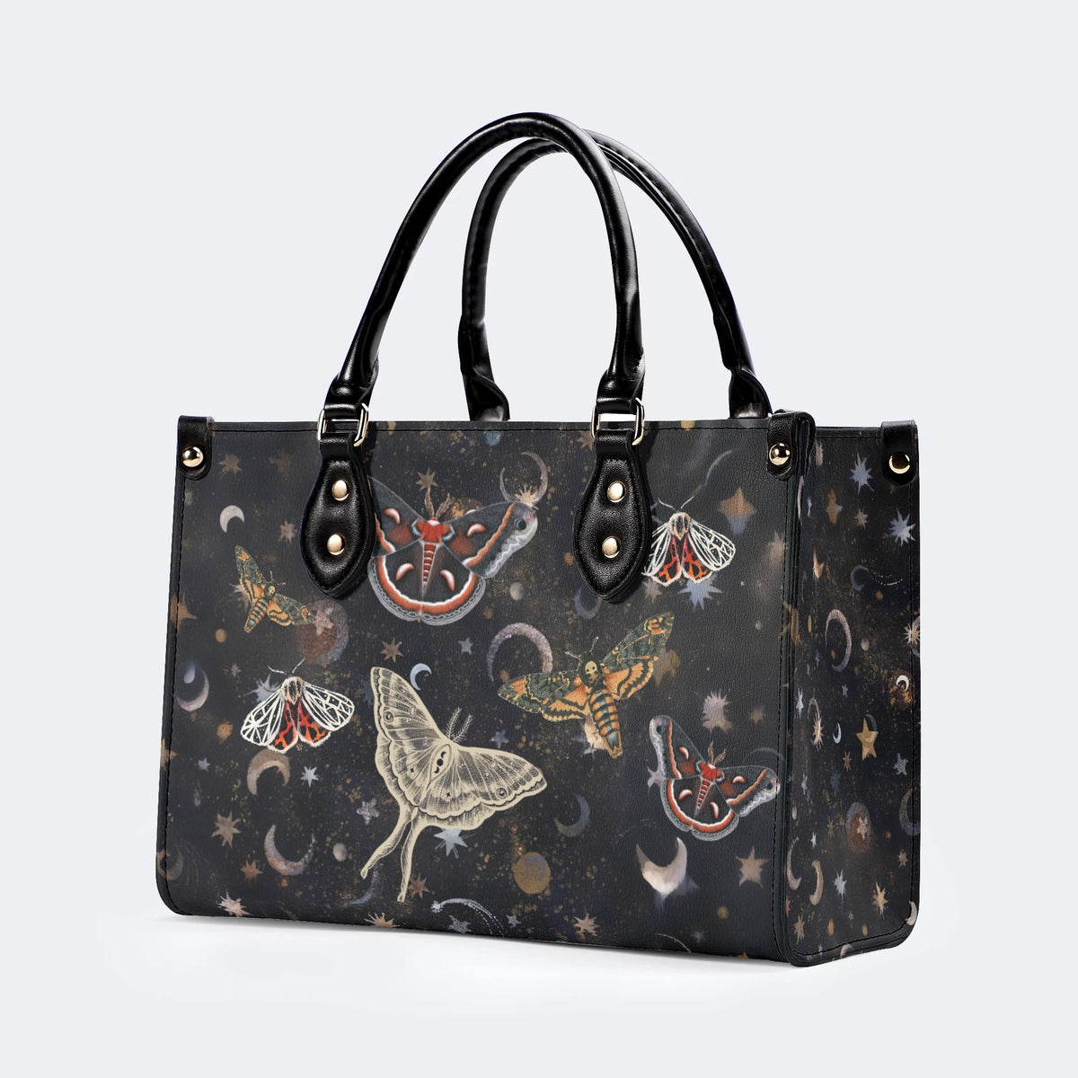 Retro Dark Moth Print - Leather Handbag