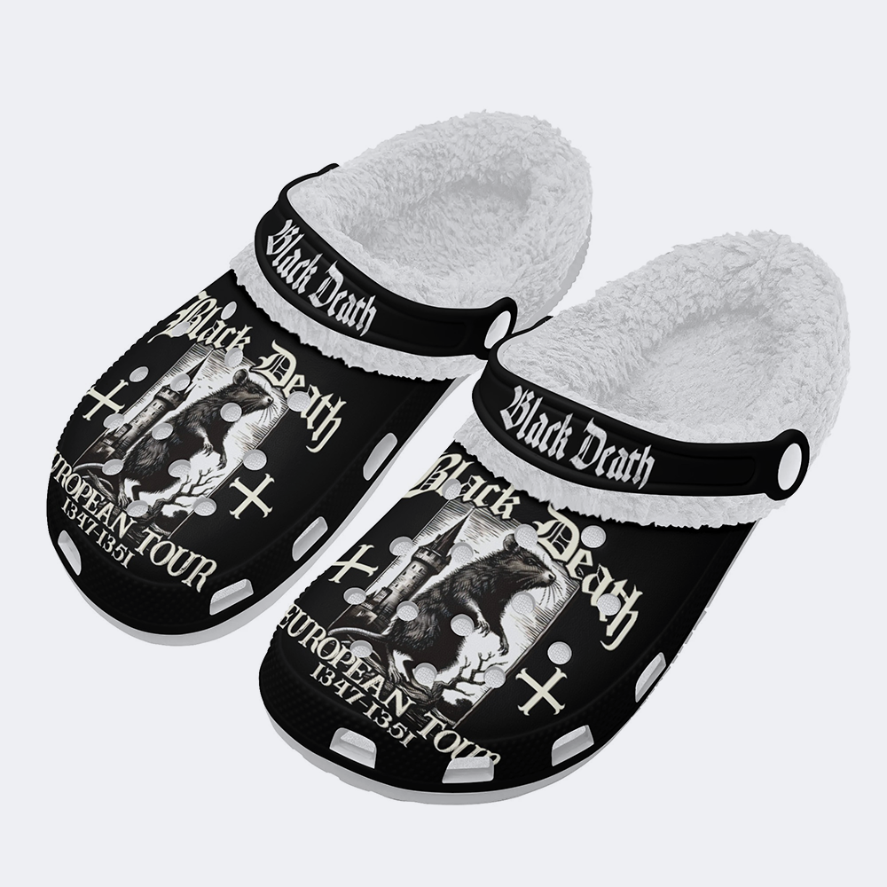 Black Death Print - Fur Lined Slippers/Sandals