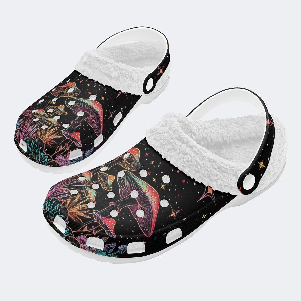 Colorful Starry Sky Mushroom Print - Fur Lined Slippers/Sandals