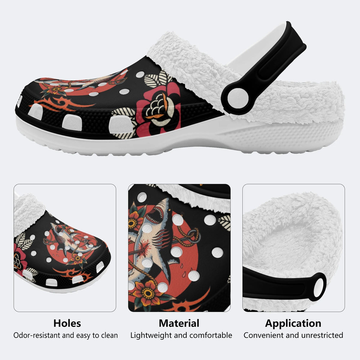 Traditional Shark Vintage Print - Fur Lined Slippers/Sandals