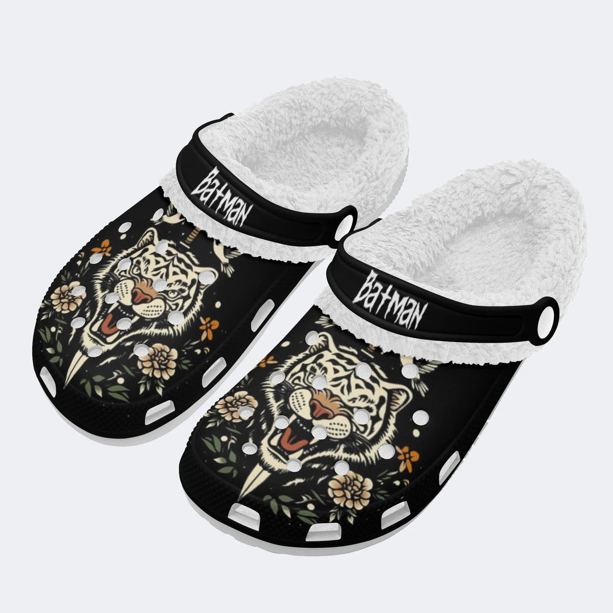 Personalized Name Sword And Tiger Print - Fur Lined Slippers/Sandals