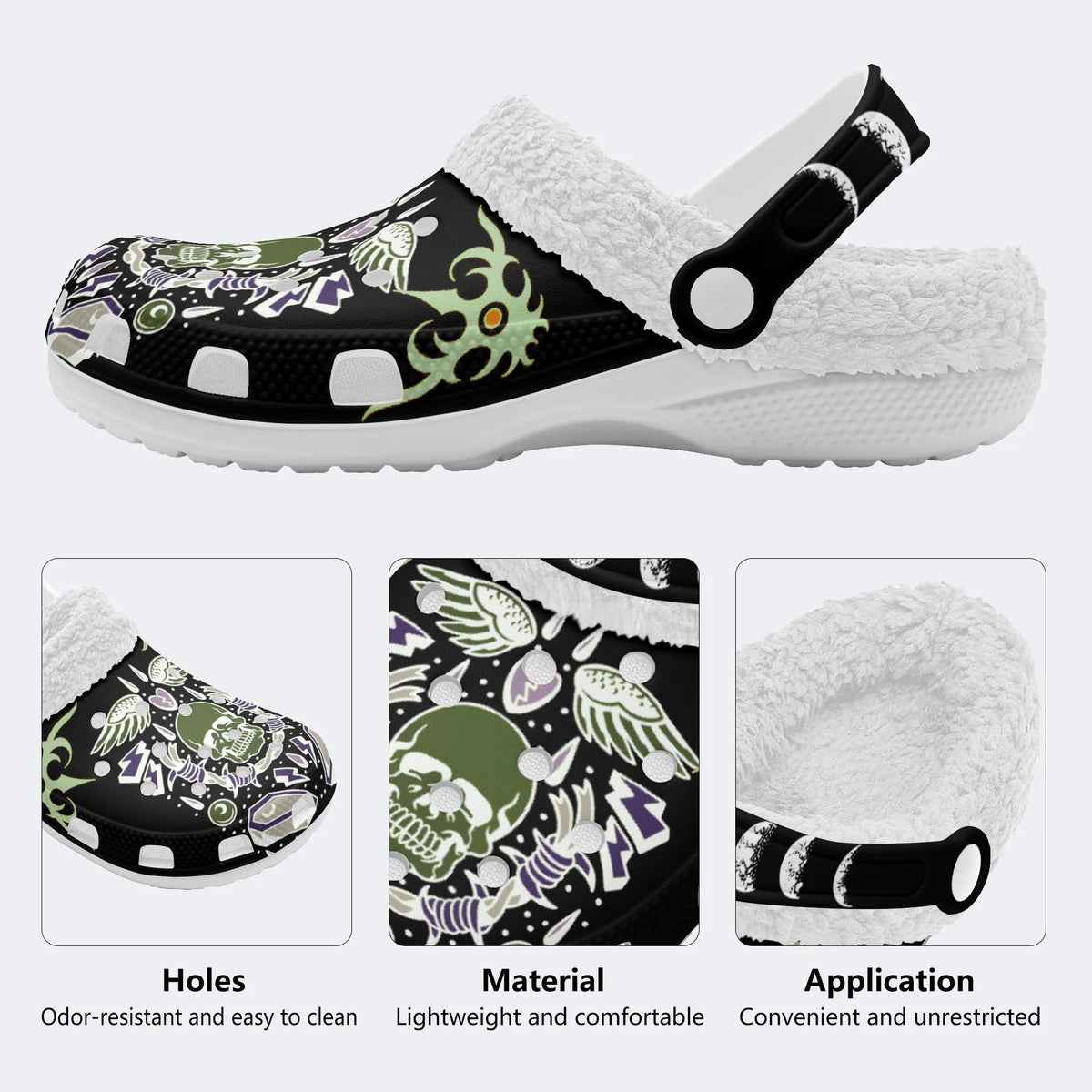 Horror Skull Skeleton Print - Fur Lined Slippers/Sandals