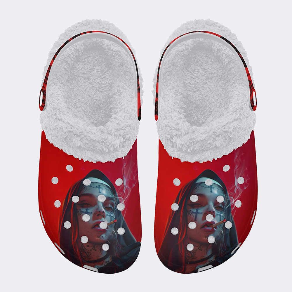 Smoking Nun Vintage Print - Fur Lined Slippers/Sandals