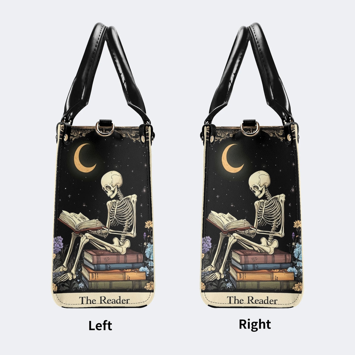 Skeleton Reading A Book Among Flowers - Leather Handbag