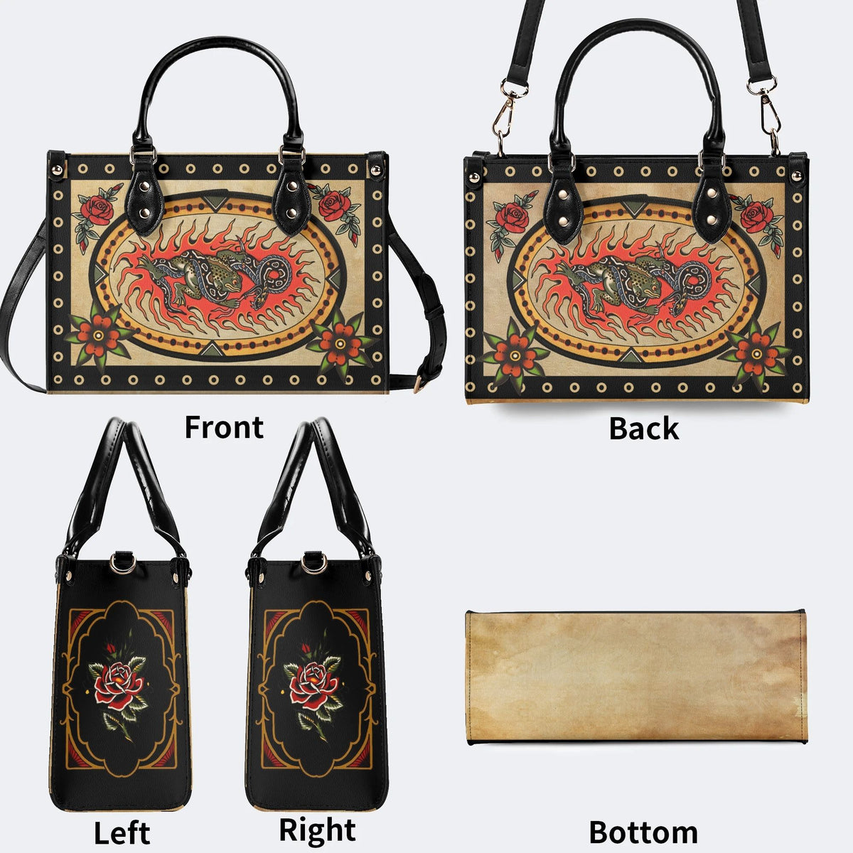 Retro Toad And Snake Print - Leather Handbag