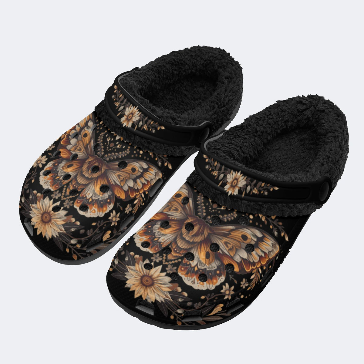 Vintage Moth Floral Print - Fur Lined Slippers/Sandals