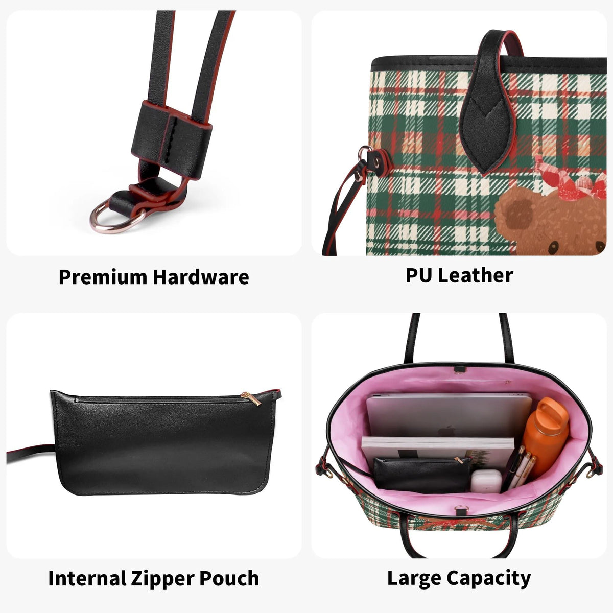 Plaid Christmas Bear - Large capacity handbag