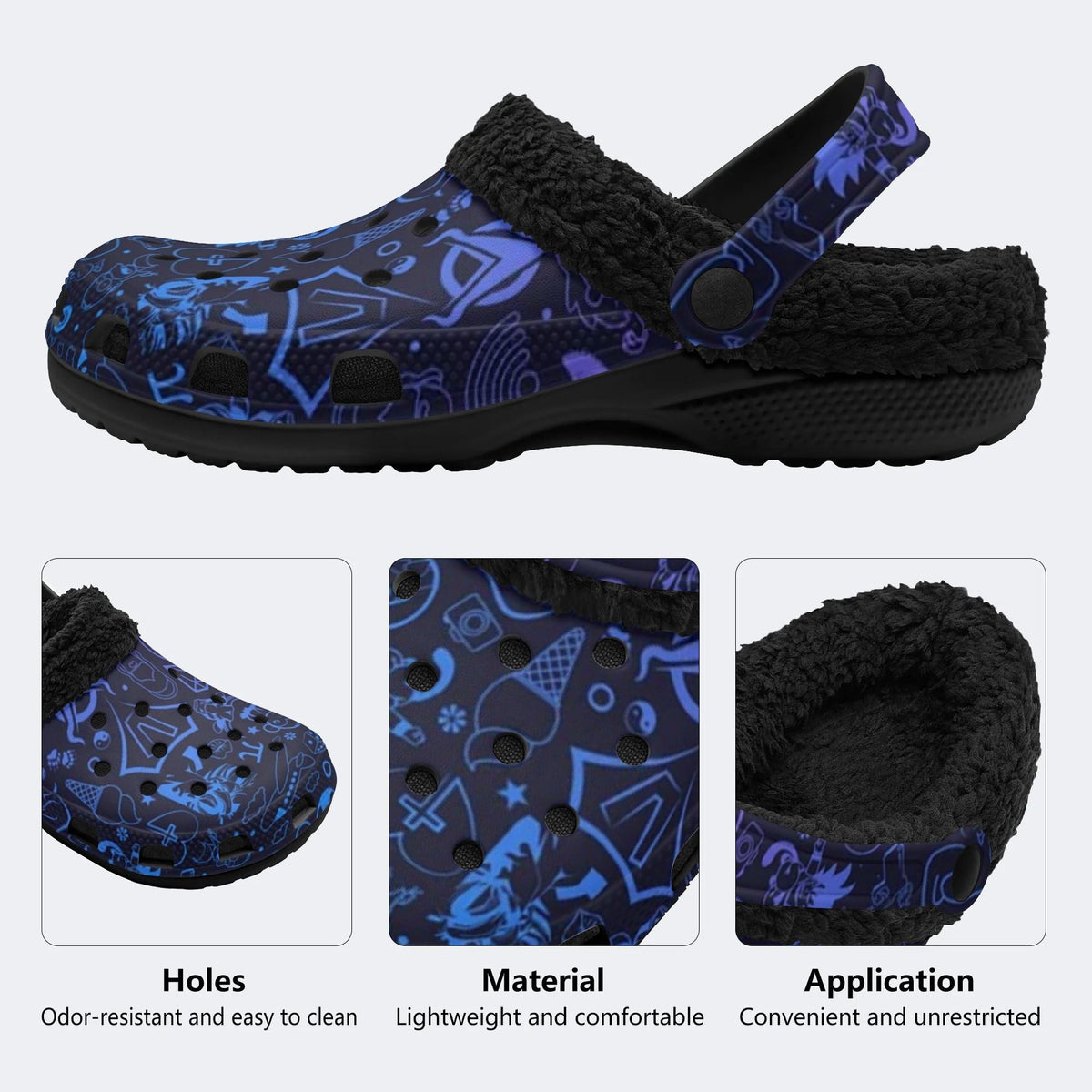 Playful Blue Icon Print - Fur Lined Slippers/Sandals