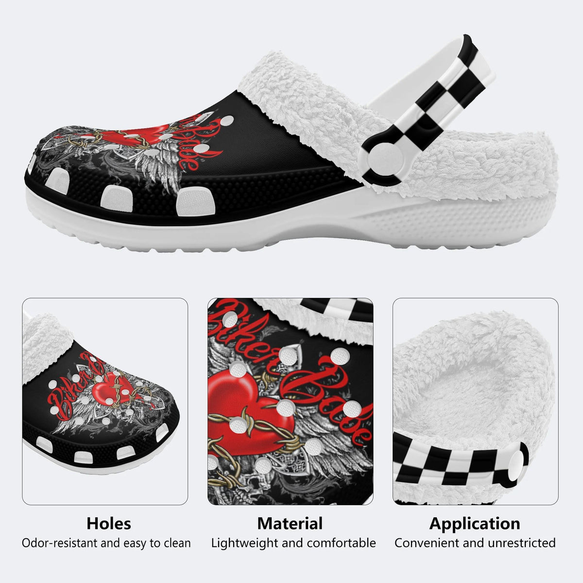 Biker Babe Heart Print - Fur Lined Slippers/Sandals