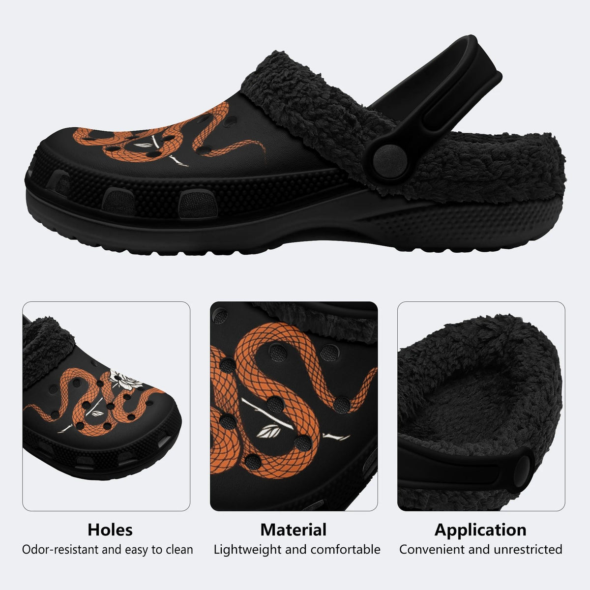 Gothic Occult Snake White Rose - Fur Lined Slippers/Sandals