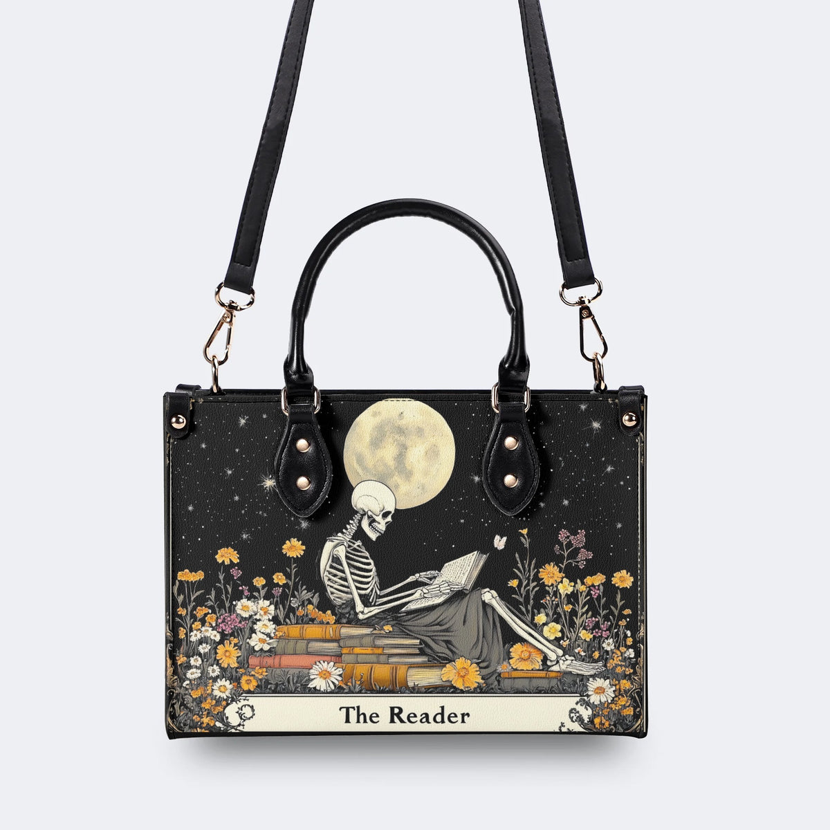 Skeleton Reading A Book Among Flowers - Leather Handbag
