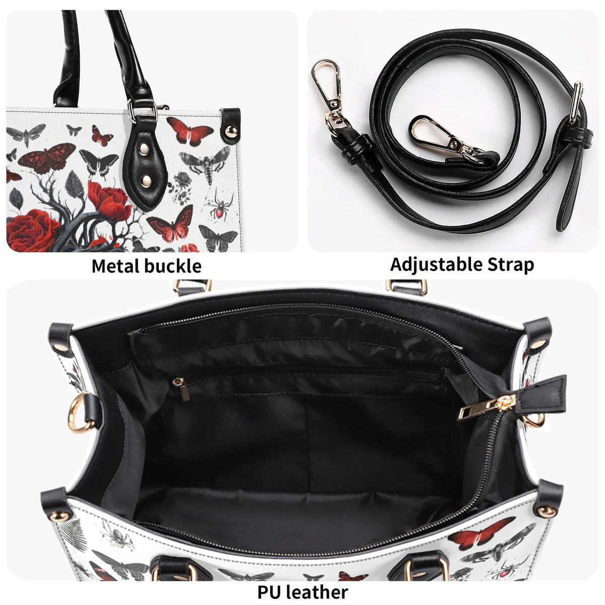 Heart Rose Butterfly Print - Leather Handbag