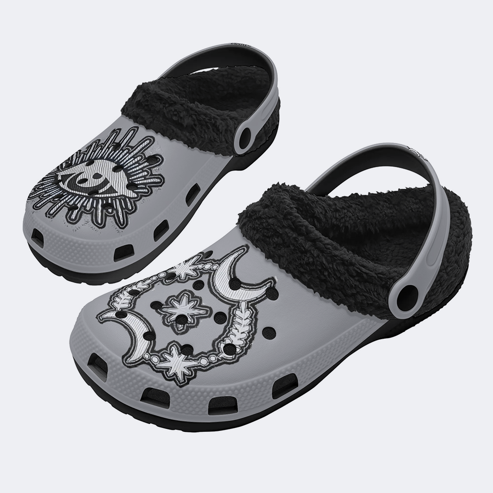 Moon&Star&Eye Faux Decal Print - Fur Lined Slippers/Sandals