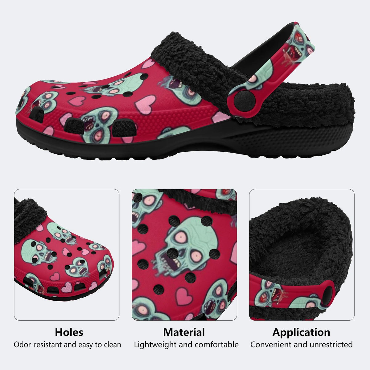 Zombie Heart Skull - Fur Lined Slippers/Sandals