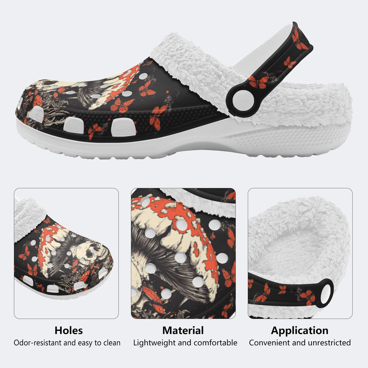 Poisonous Mushrooms&Skull Print - Fur Lined Slippers/Sandals