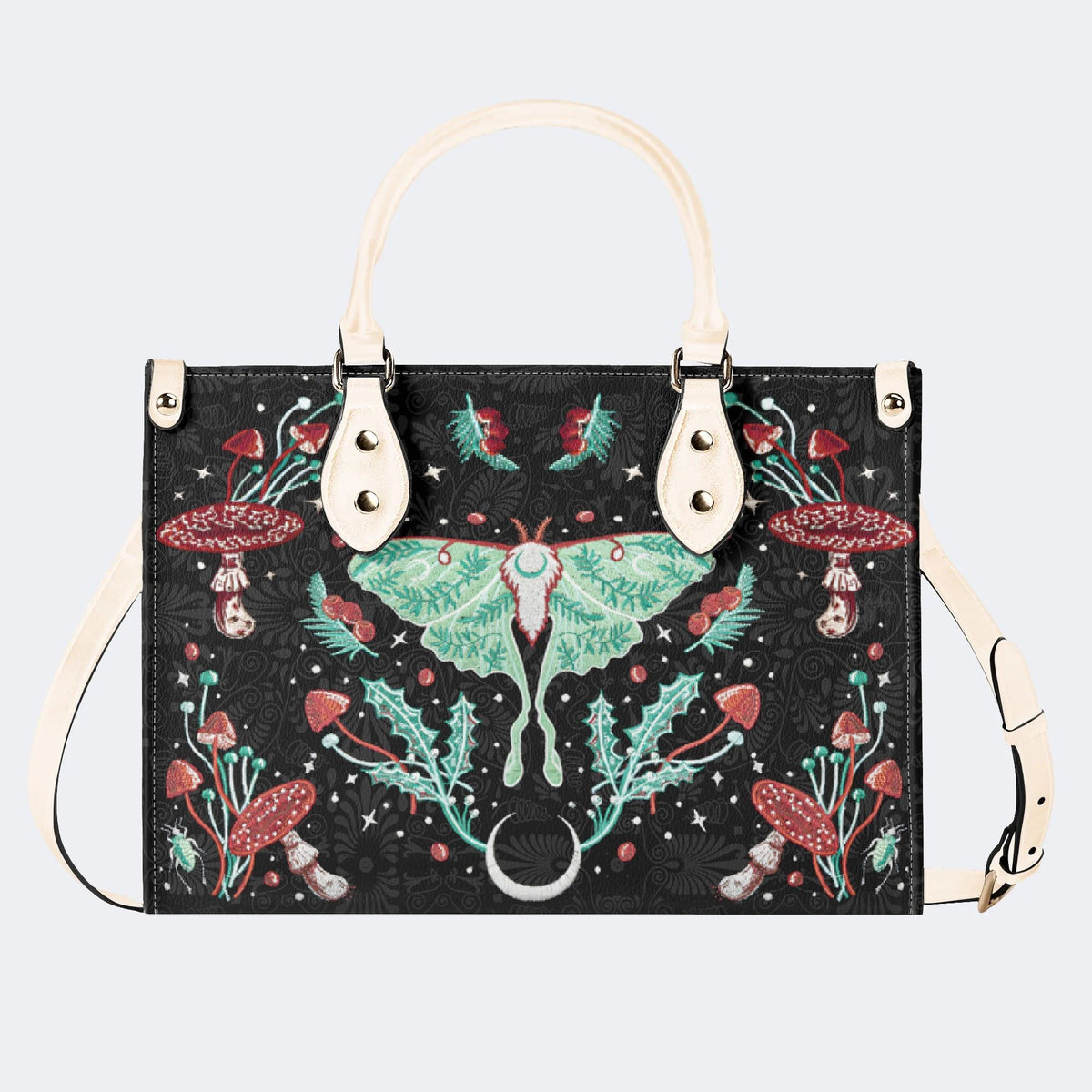 Green Moth In Mushroom Bush - Leather Handbag