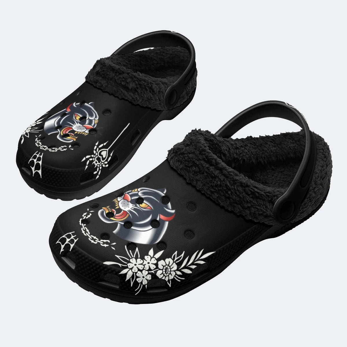 Angry Panther Print - Fur Lined Slippers/Sandals