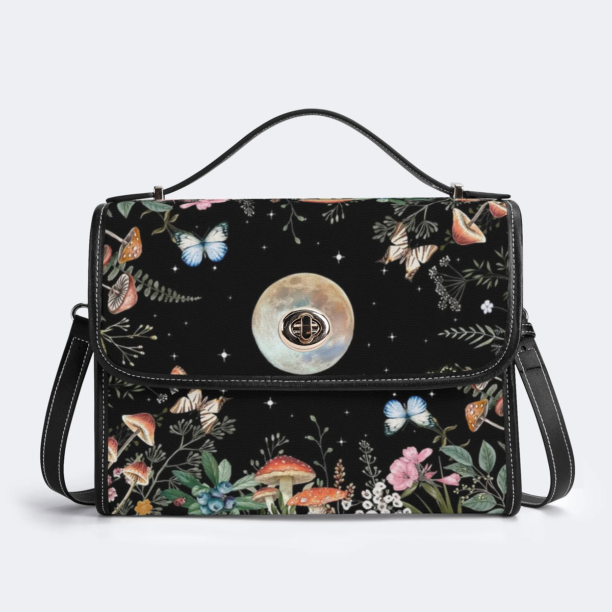 Starry Sky Floral Mushroom Print - Leather Satchel Bag