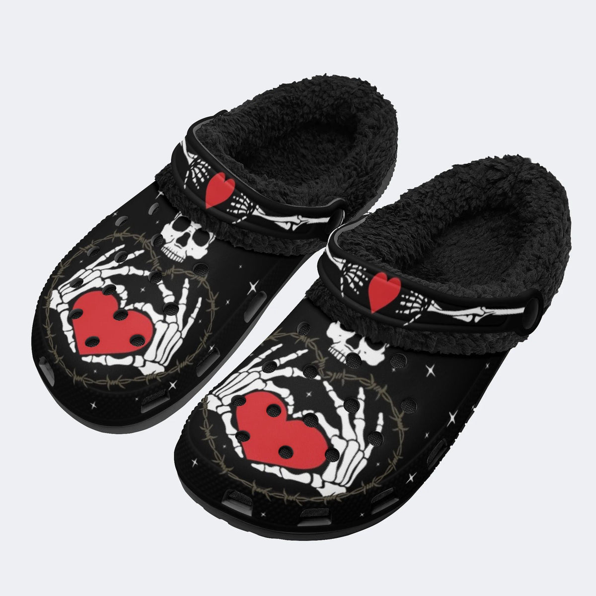 Retro Skull Heart Print - Fur Lined Slippers/Sandals