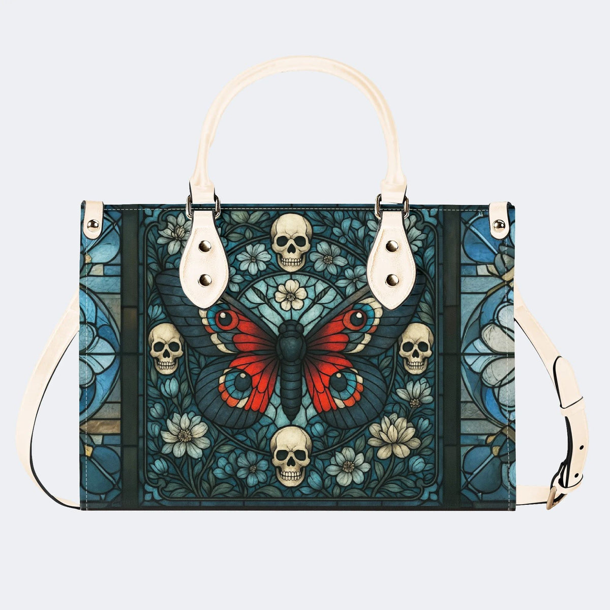Vintage Moth And Skull Print - Leather Handbag