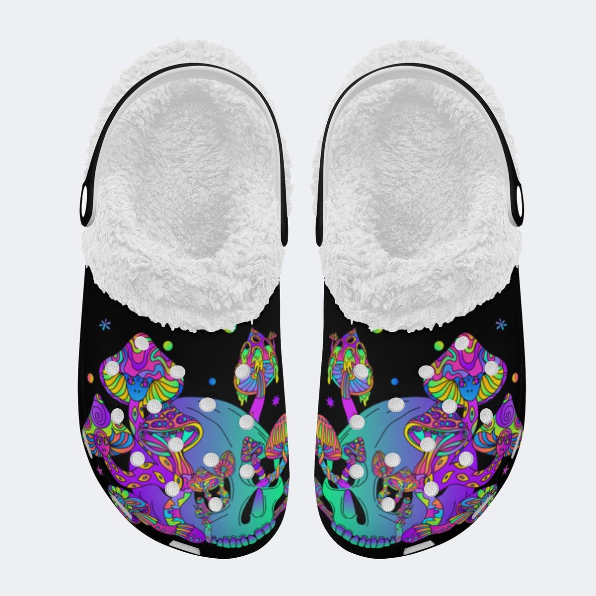 Trippy Mushroom Skull Print - Fur Lined Slippers/Sandals