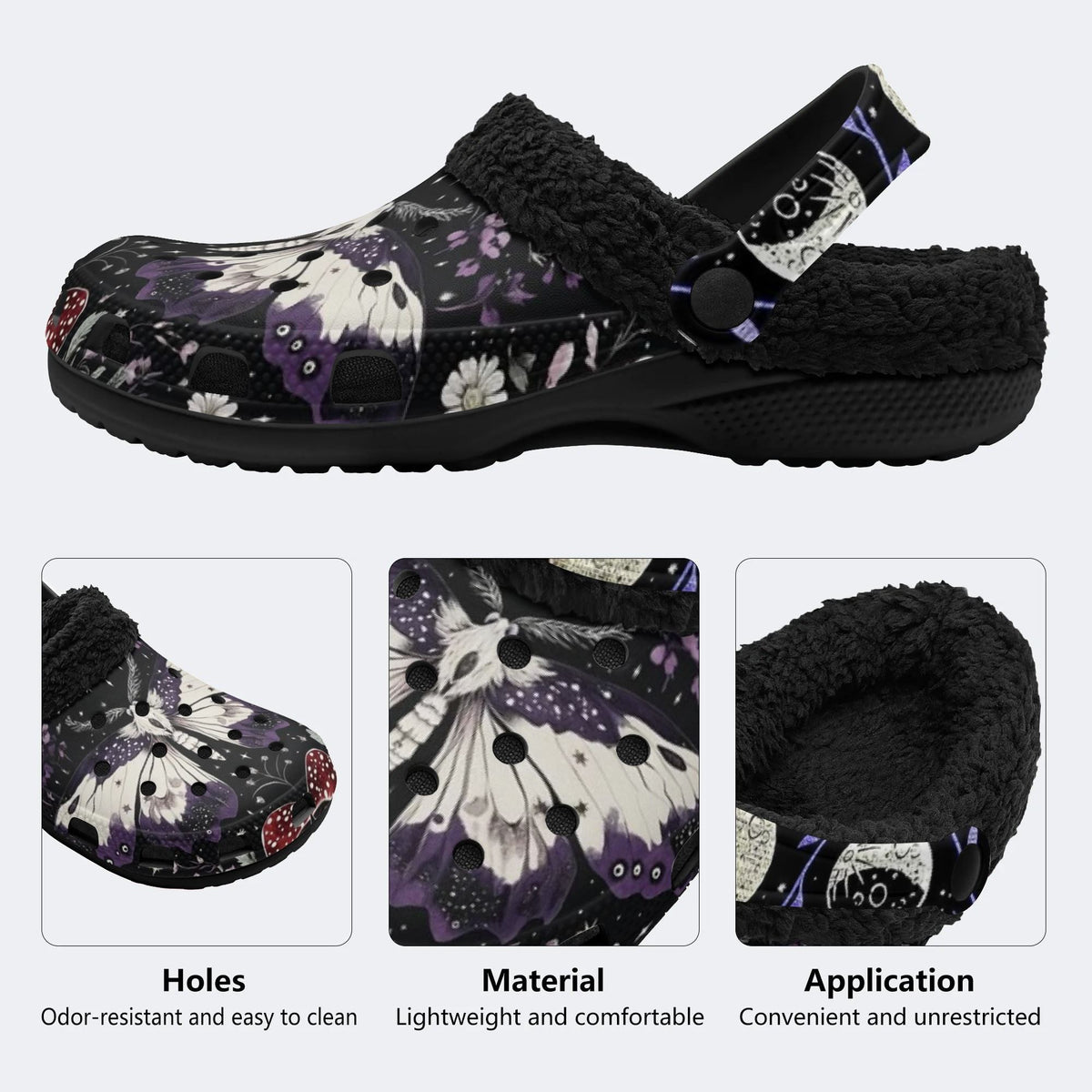 Gothic Witchy Death Moth - Fur Lined Slippers/Sandals