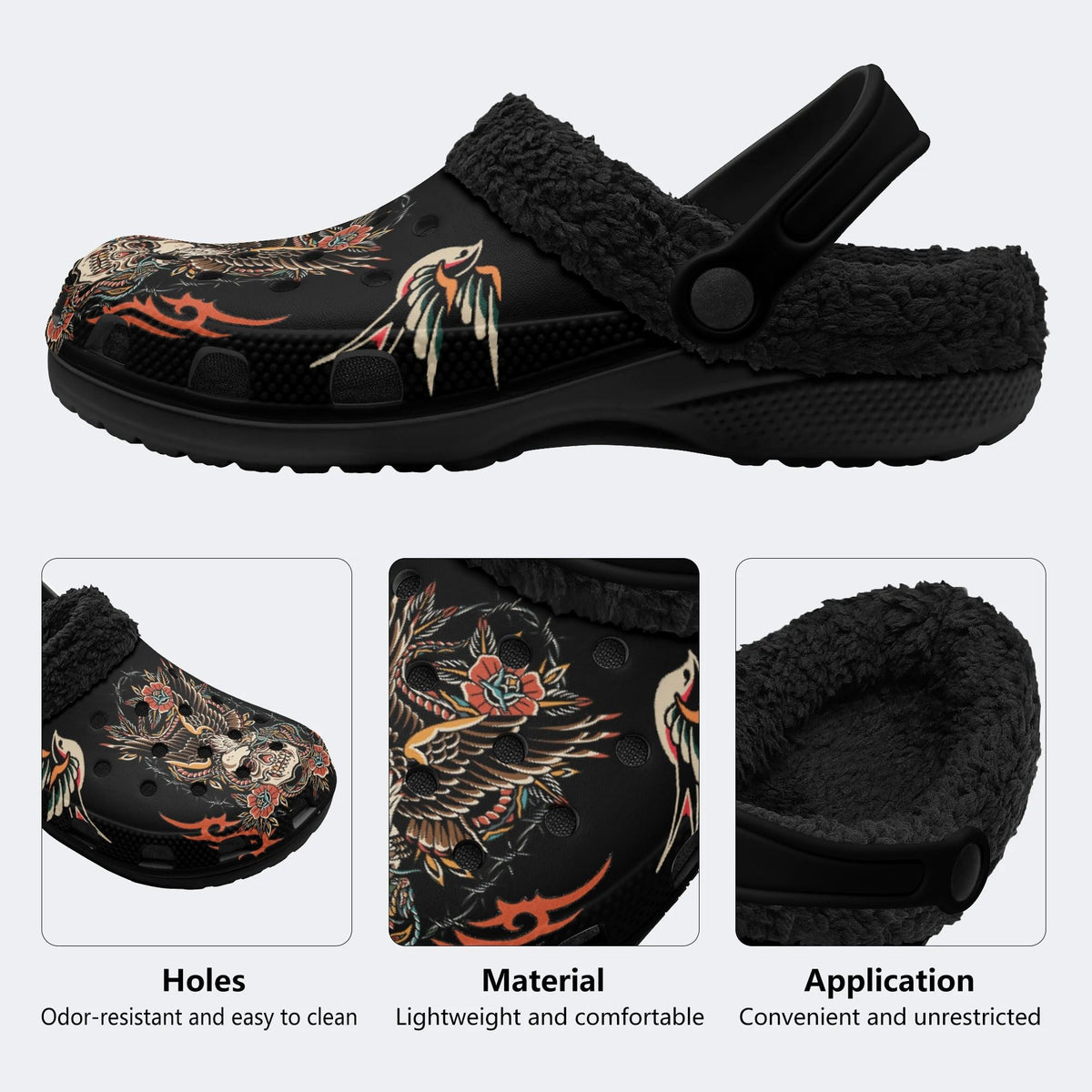 Old School Eagle&Snake&Skull Print - Fur Lined Slippers/Sandals