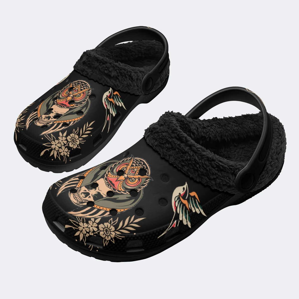 Skull Owl Print - Fur Lined Slippers/Sandals