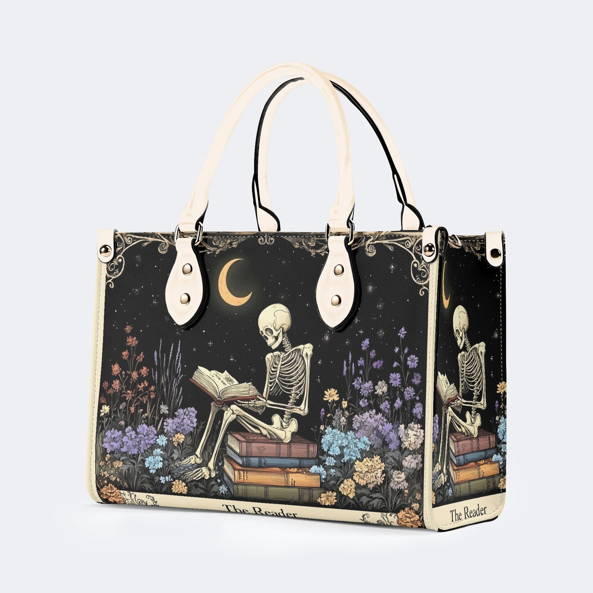 Skeleton Reading A Book Among Flowers - Leather Handbag