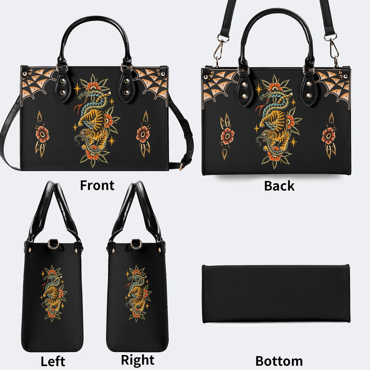 Vintage Snake And Tiger Print - Leather Handbag