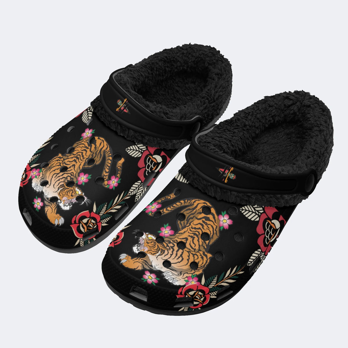 Tiger With Flowers Print - Fur Lined Slippers/Sandals