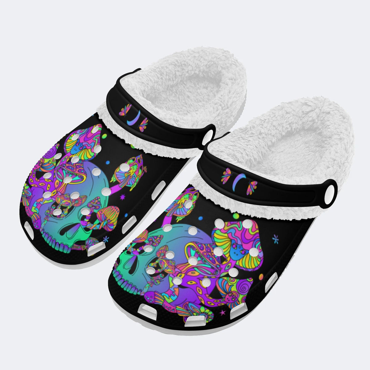 Trippy Mushroom Skull Print - Fur Lined Slippers/Sandals