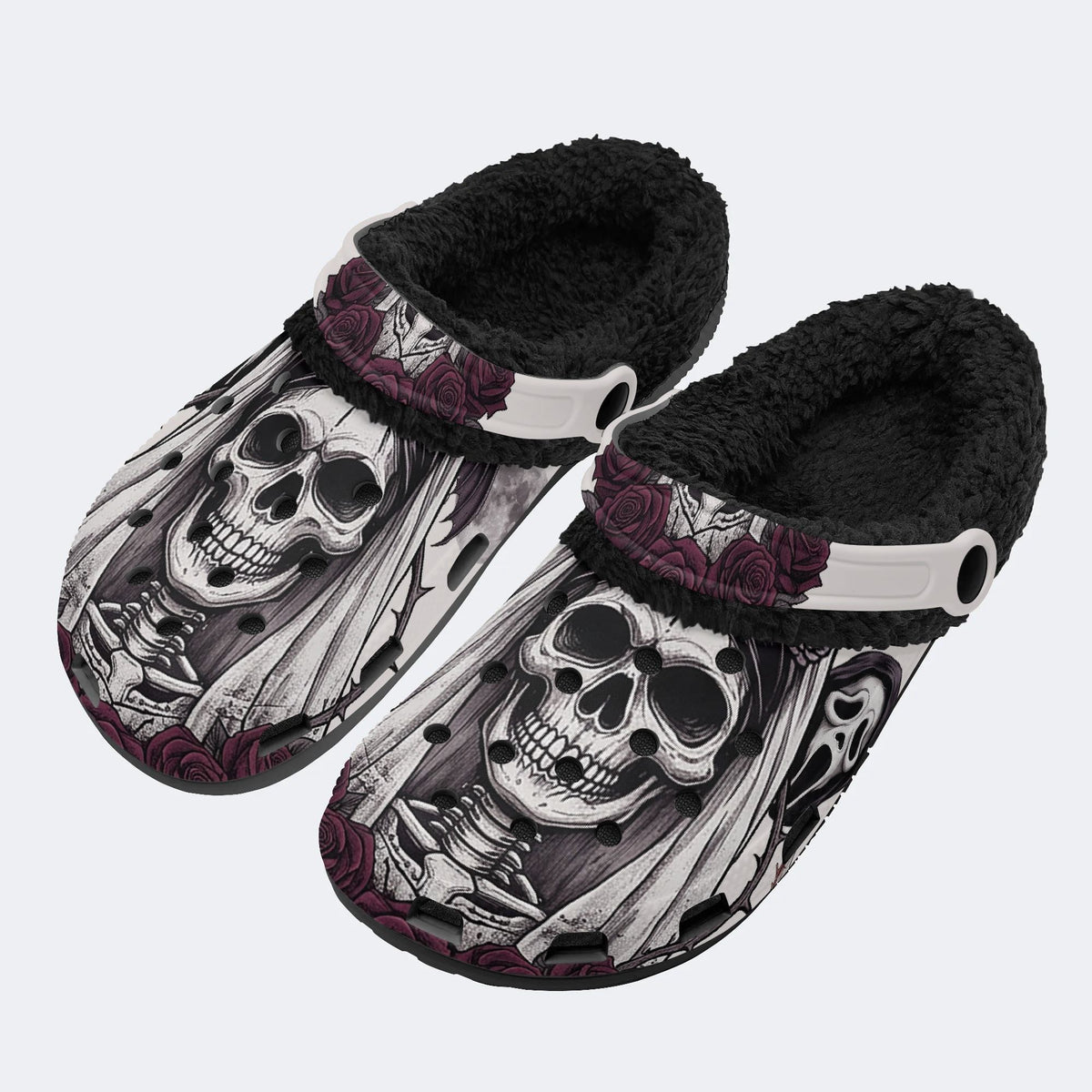 Gothic Skeleton Bride Veil Dark Rose - Fur Lined Slippers/Sandals