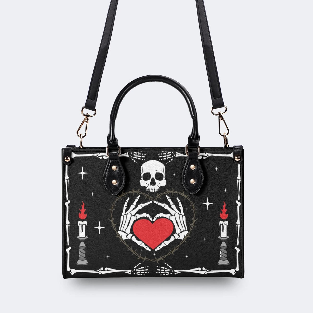 Retro Skull Heart Print - Leather Handbag