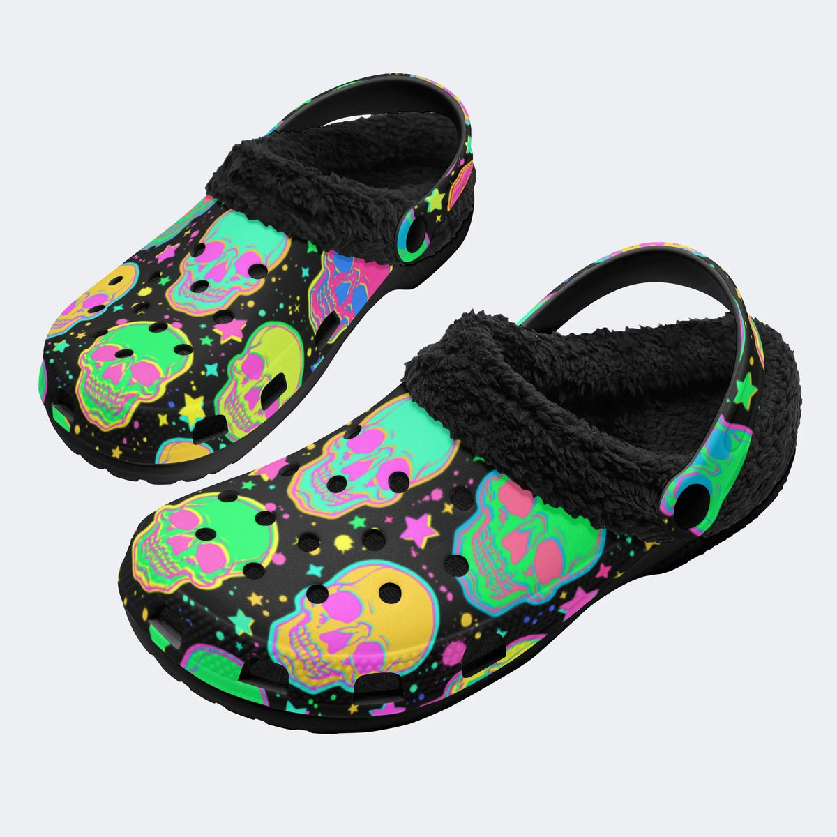 Fluorescent Skull Print- Fur Lined Slippers/Sandals