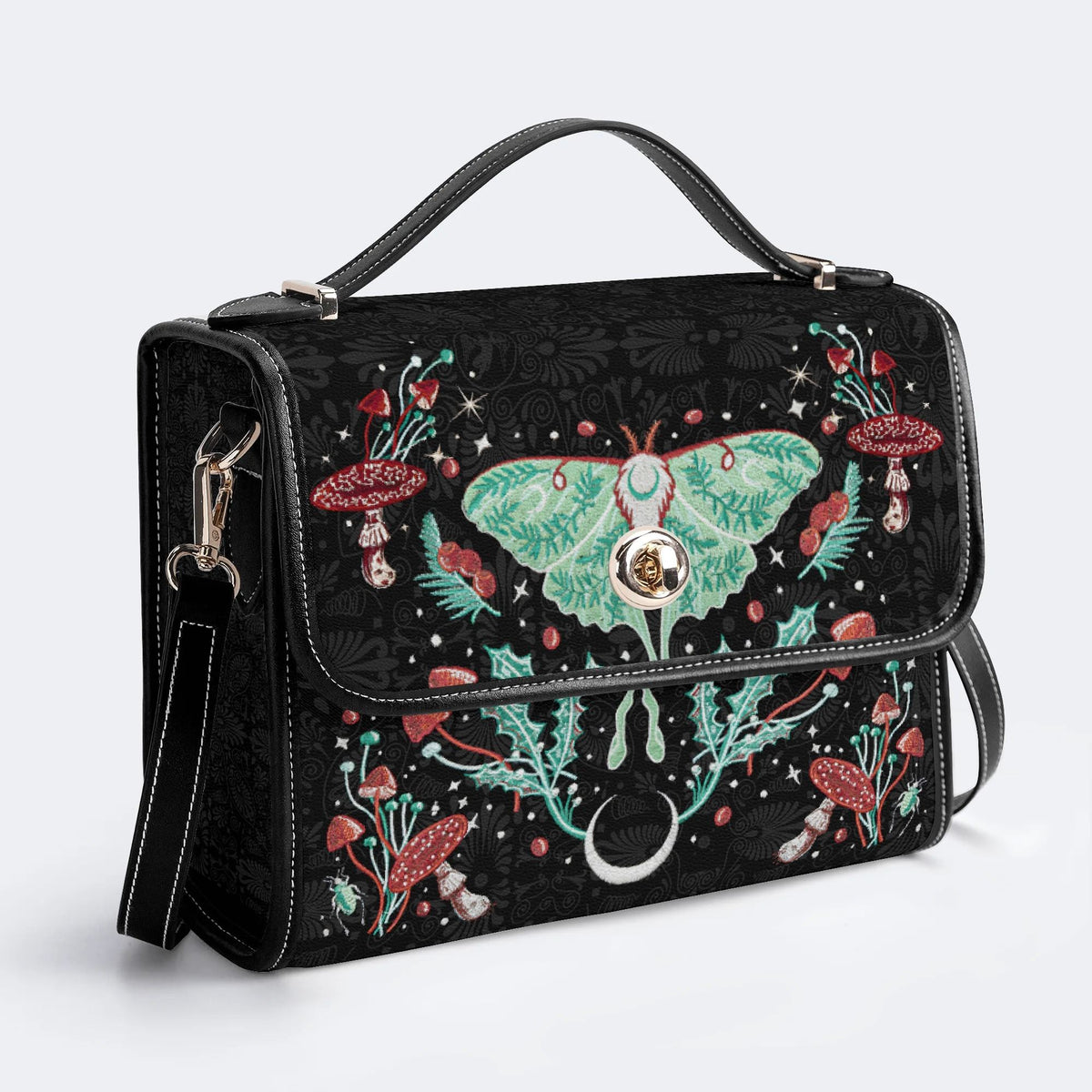 Green Moth In Mushroom Bush - Leather Satchel Bag