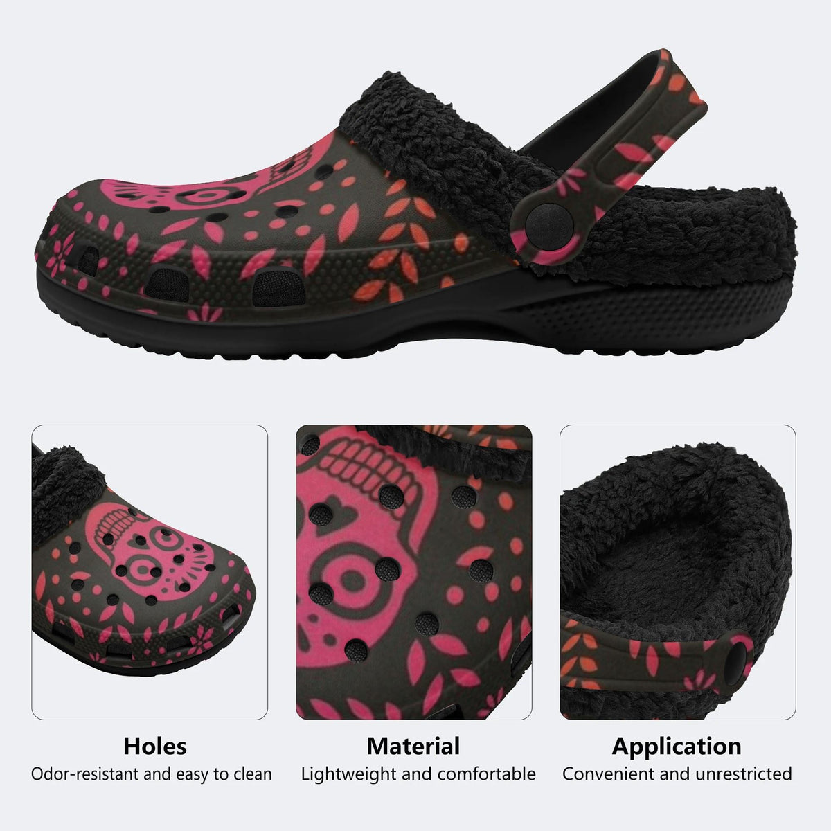Floral Sugar Skull - Fur Lined Slippers/Sandals
