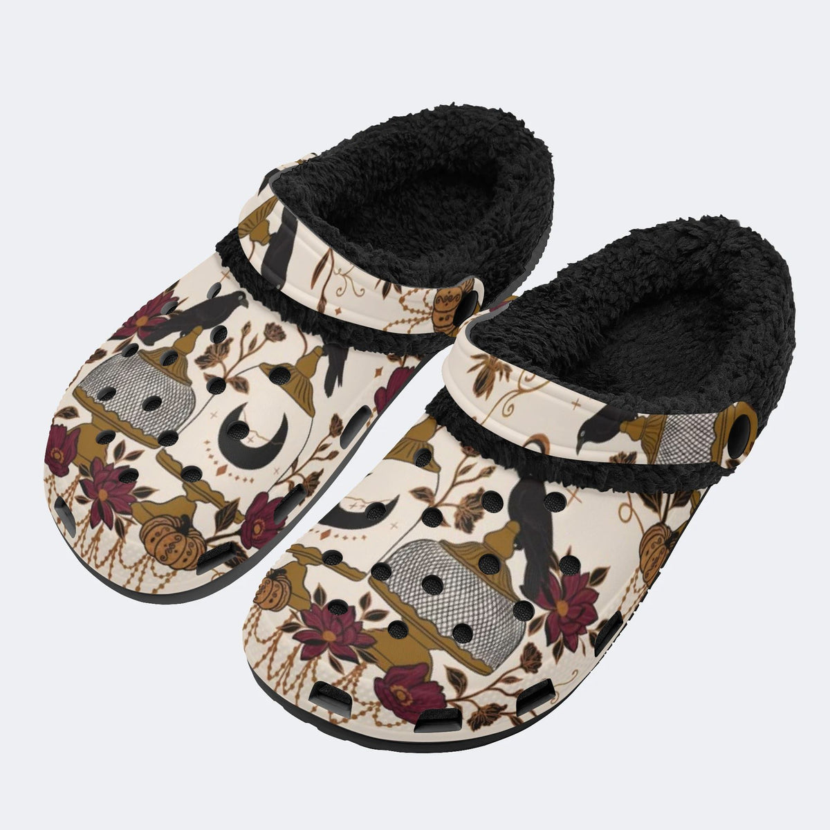 Spooky Fall Raven‑Fur Lined Slippers Sandals
