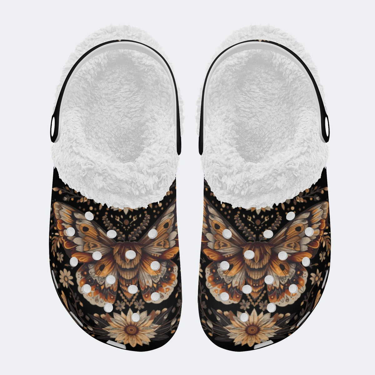 Vintage Moth Floral Print - Fur Lined Slippers/Sandals