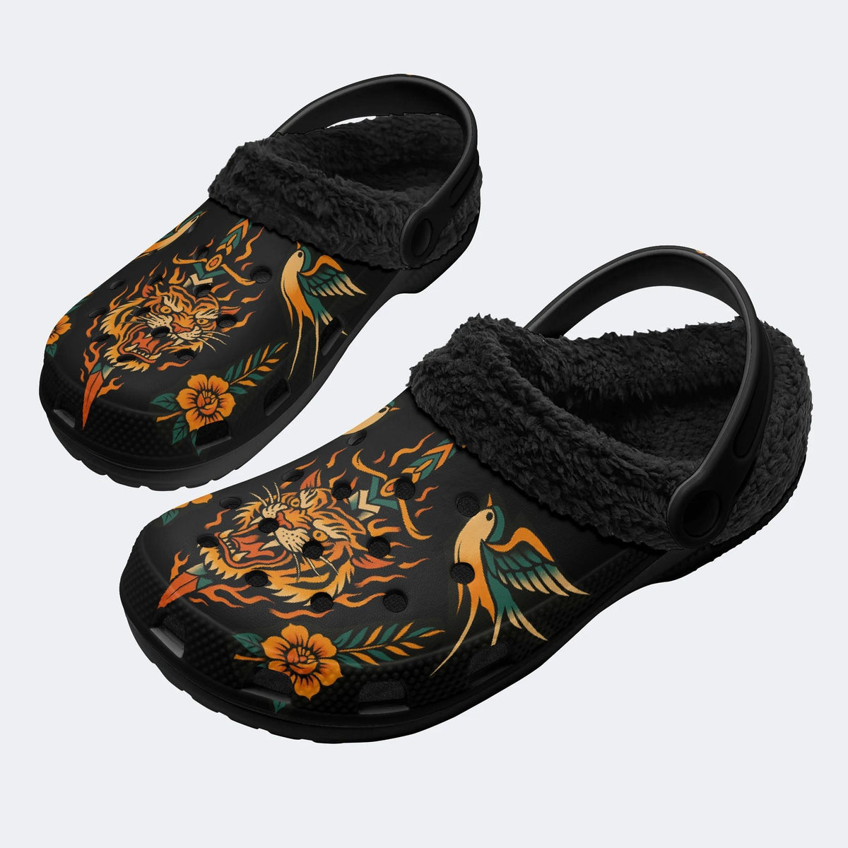 Old School Flame Tiger Print - Fur Lined Slippers/Sandals