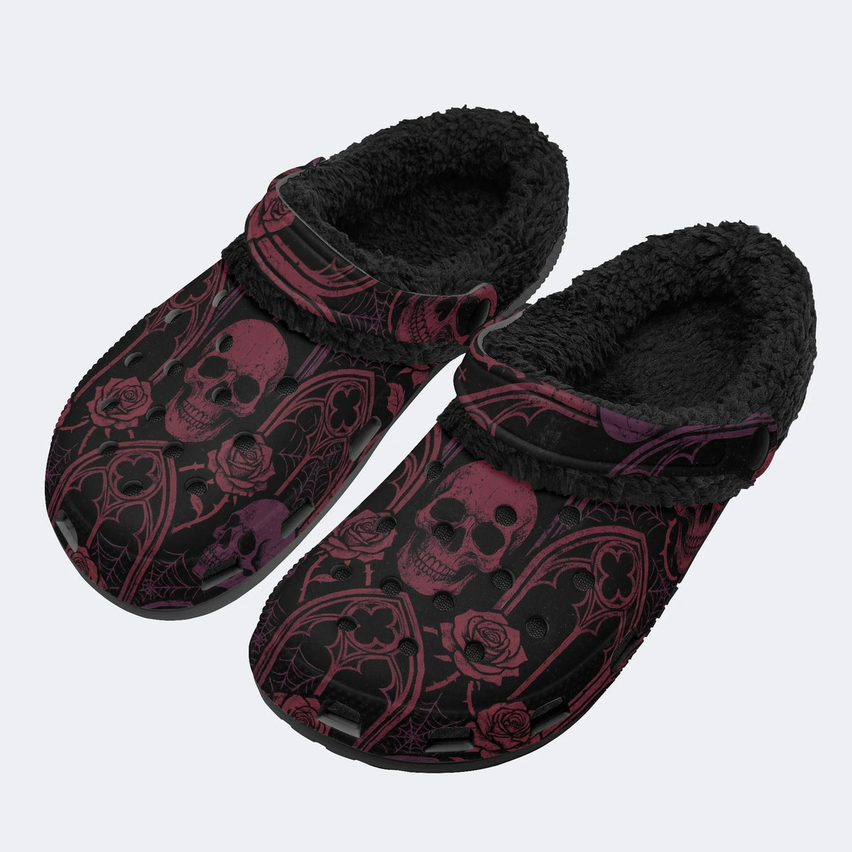 Gothic Wine Rose Skull‑Fur Lined Slippers Sandals