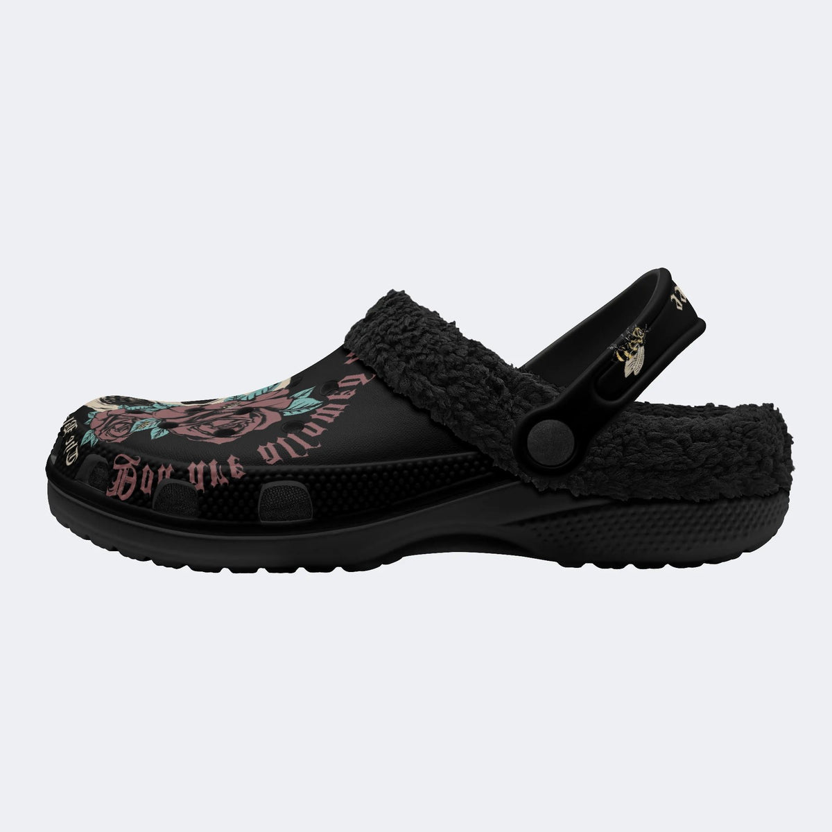 Gothic Skull Rose Bee - Fur Lined Slippers/Sandals