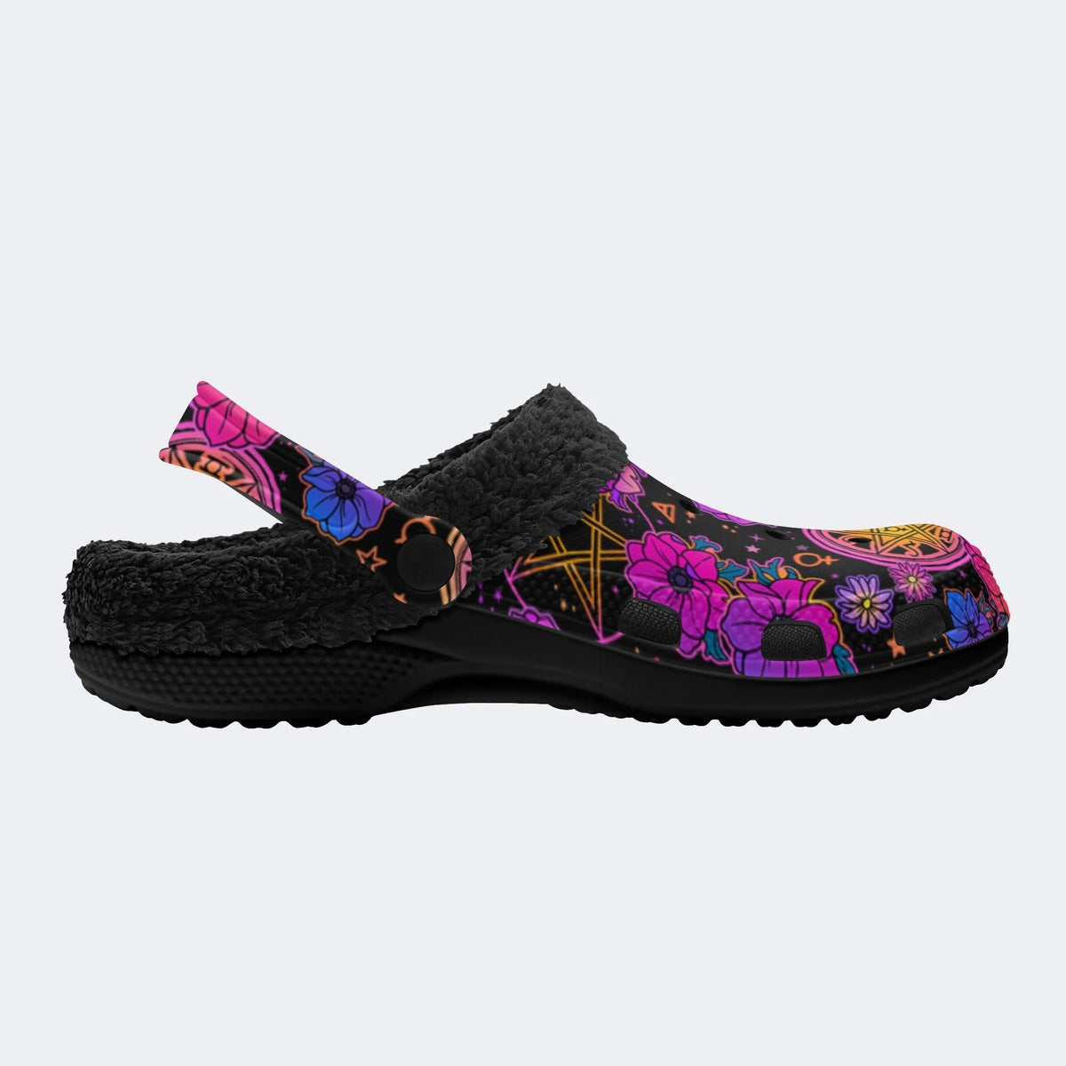 Magical Symbols&Flowers Print- Fur Lined Slippers/Sandals