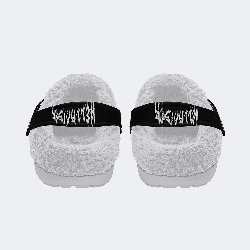 Unisex Black Metal Pinhead Print - Fur Lined Slippers/Sandals