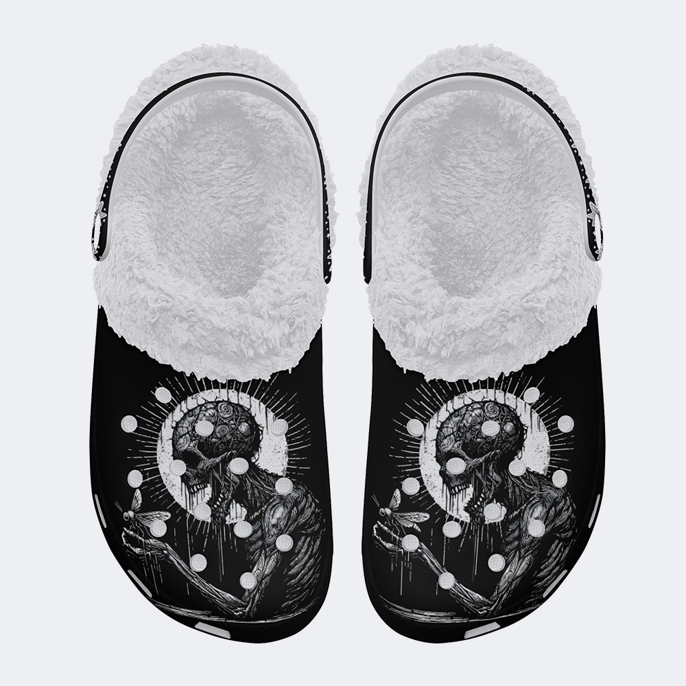 Skull Death Moth Print - Fur Lined Slippers/Sandals