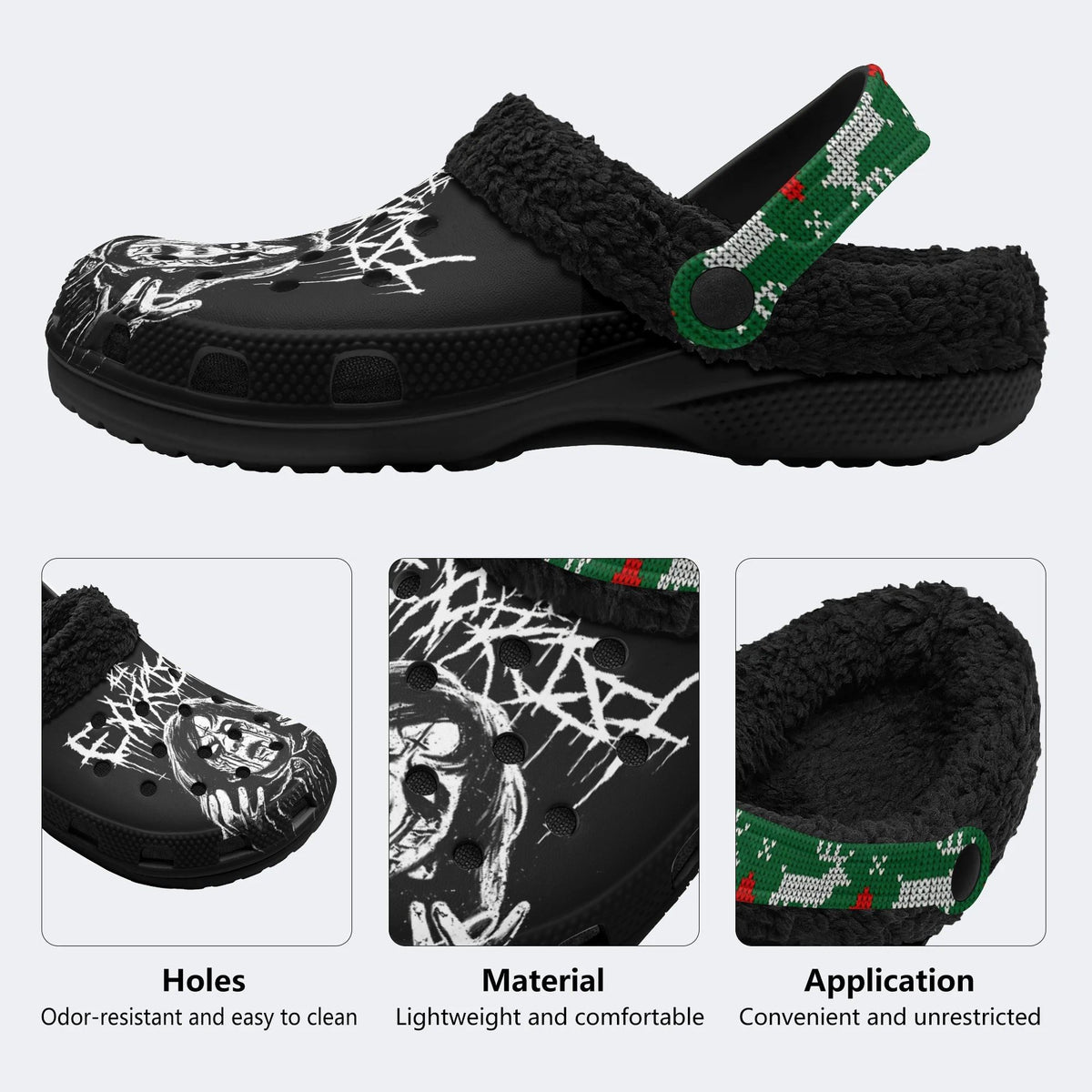 Unisex Black Metal Pinhead Print - Fur Lined Slippers/Sandals