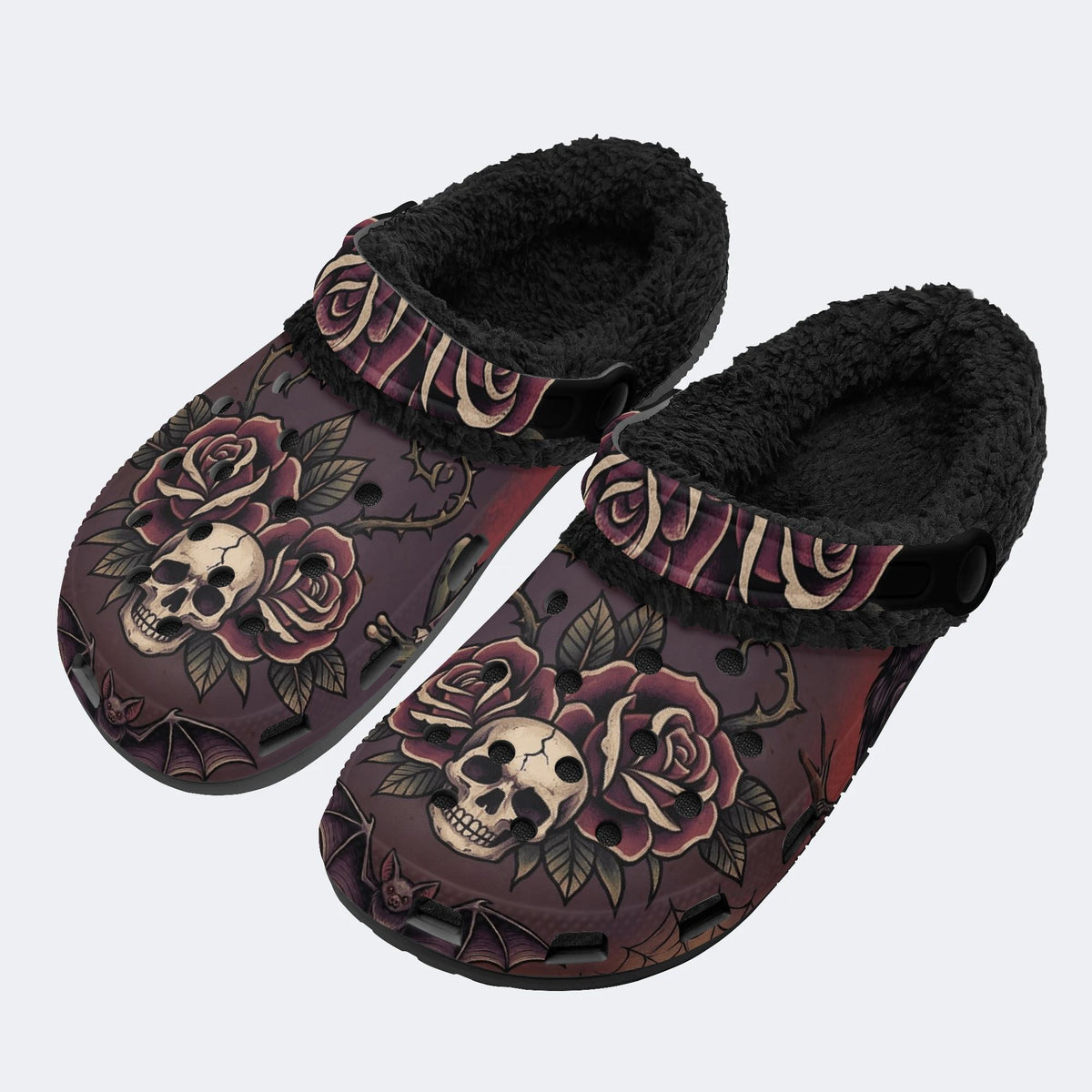 Gothic Skull Burgundy Rose Thorn Bat - Fur Lined Slippers/Sandals